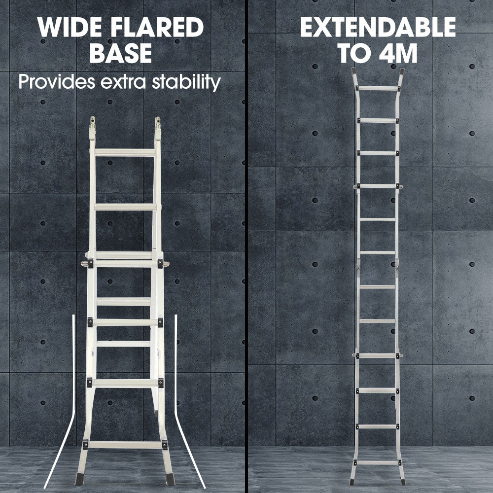 4m Multipurpose Aluminium Ladder w/ Workshelf & Safety Lock Adjusters