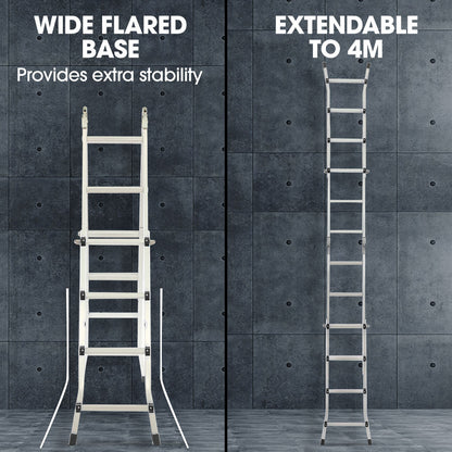 4m Multipurpose Aluminium Ladder w/ Workshelf & Safety Lock Adjusters