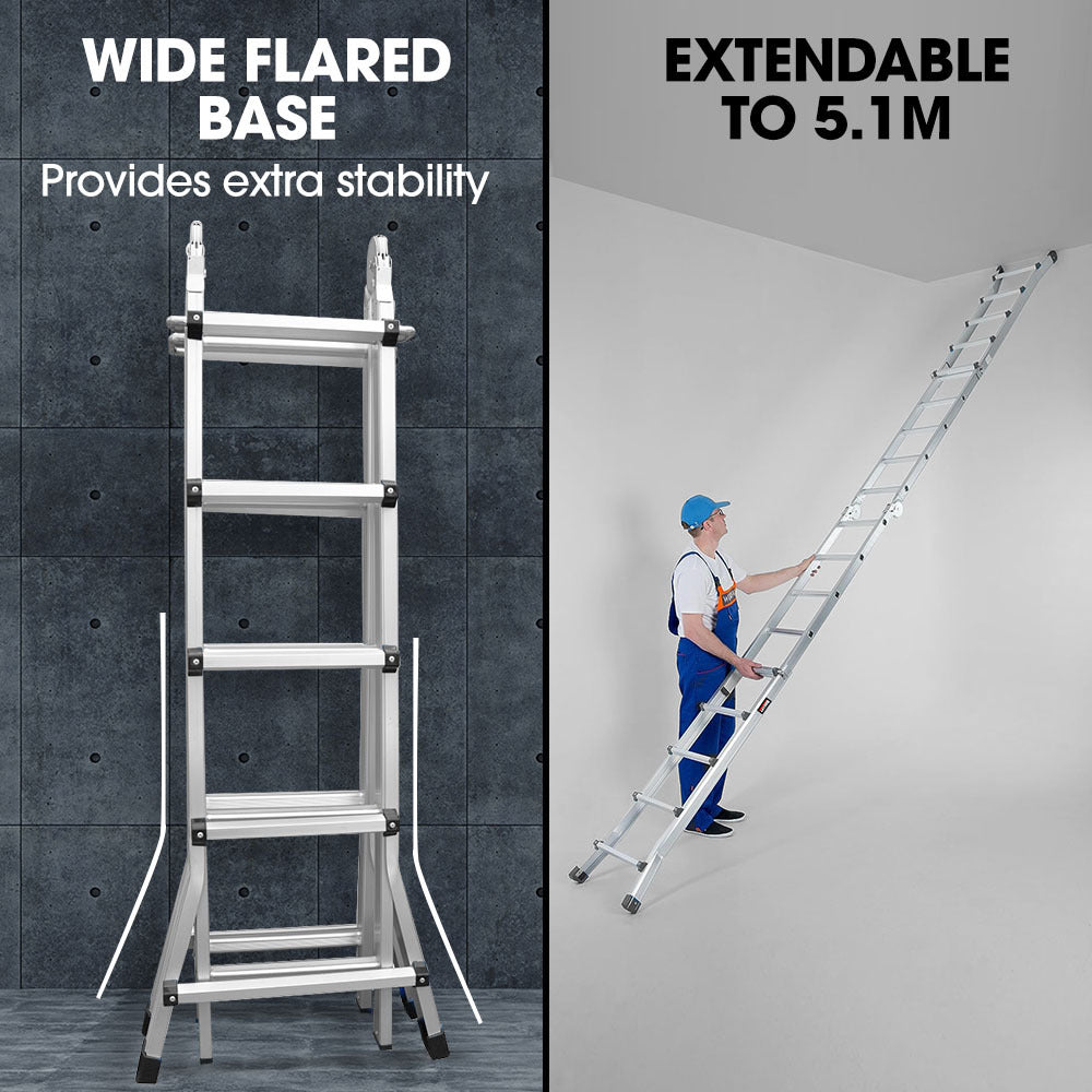 5.1m Multipurpose Foldable Ladder with Workshelf & Safety Locks, 150kg Capacity
