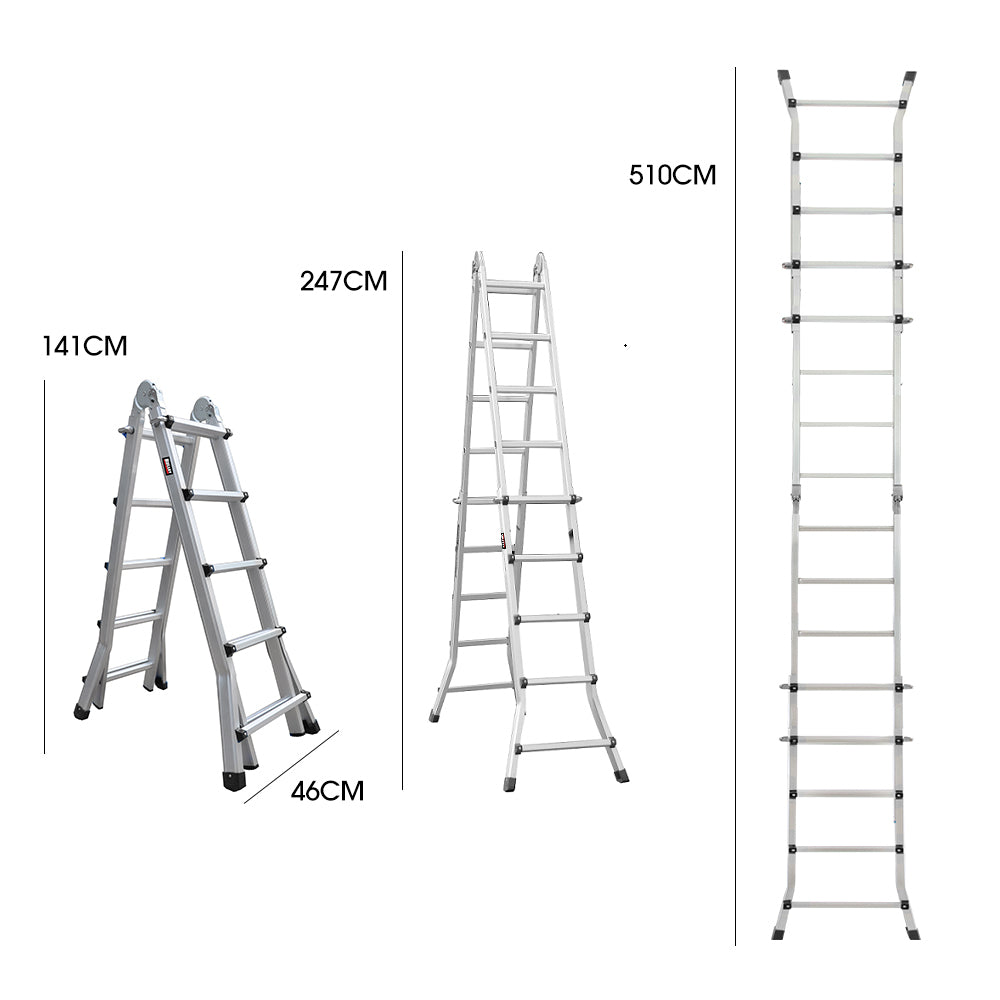 5.1m Multipurpose Foldable Ladder with Workshelf & Safety Locks, 150kg Capacity