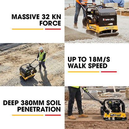 125kg 450x630mm 7HP Plate Compactor, 32kN Vibratory Compaction, Wheel Kit, Protective Paver Pad, Commercial-Grade