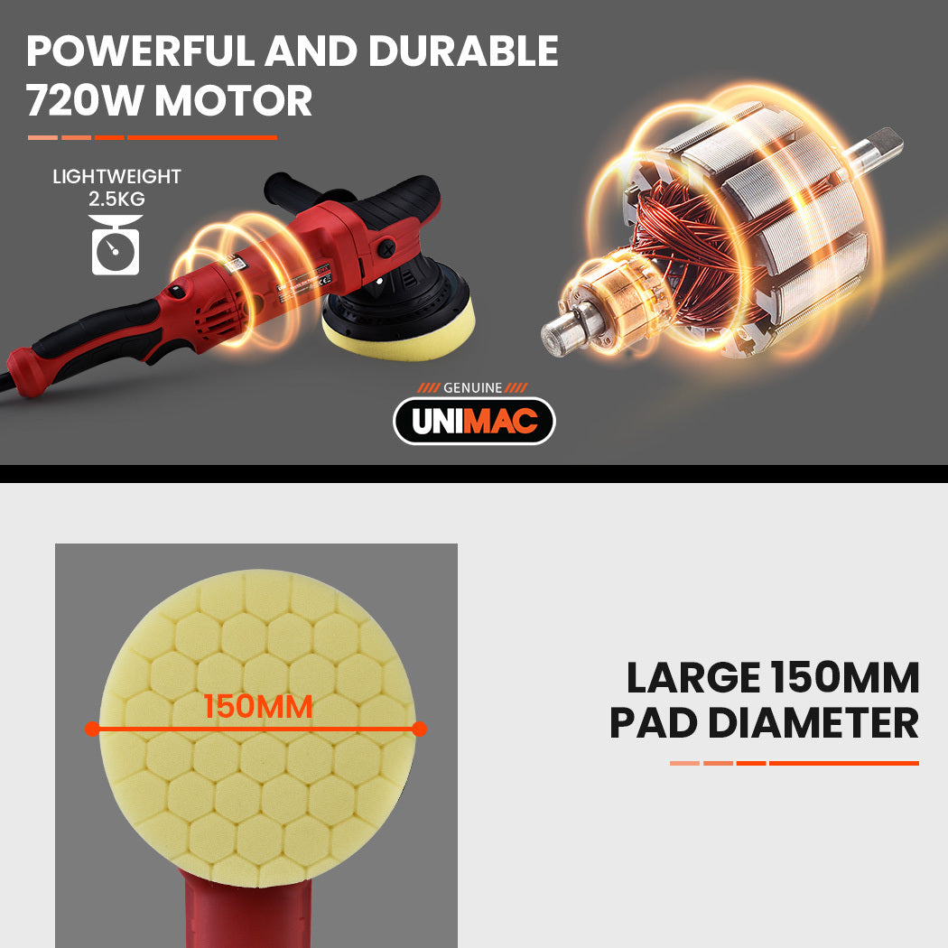 Dual Action Electric Car Polisher with 720W Motor, 0.15m Pads, 6 Speeds