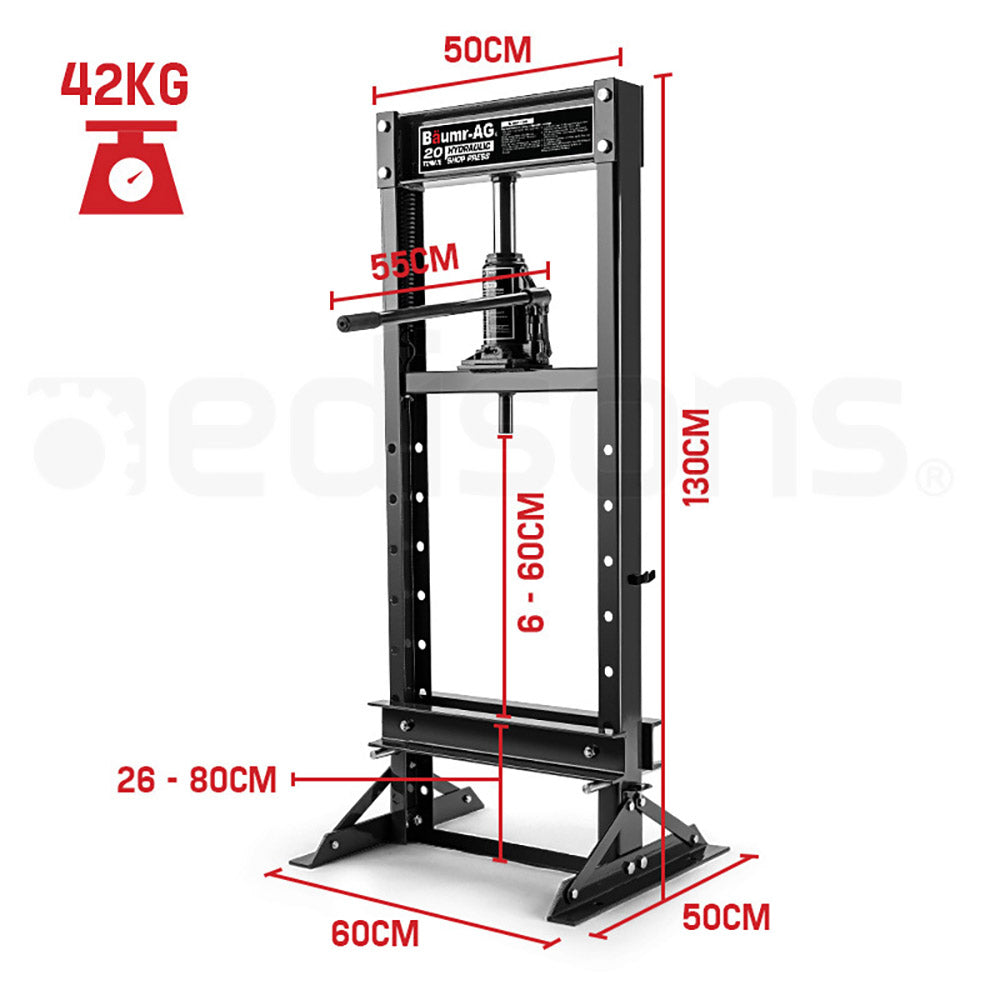 20 Tonne Hydraulic Shop Press with Adjustable H-Frame and Dual Ram Springs
