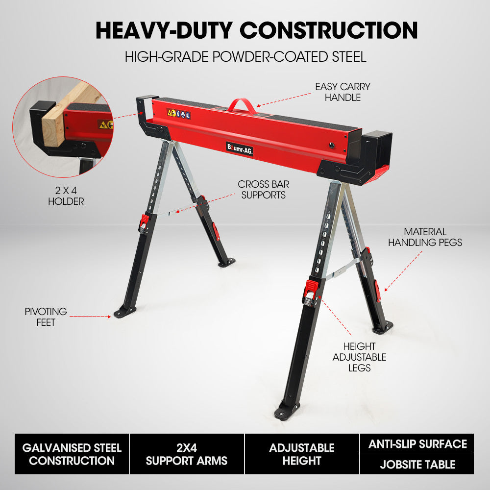 Heavy-Duty Adjustable Steel Sawhorses with 1180kg Capacity and 2x4 Support