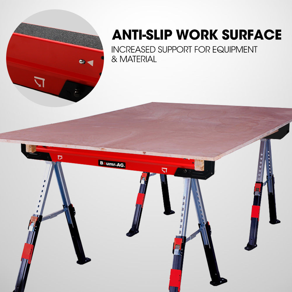 Heavy-Duty Adjustable Steel Sawhorses with 1180kg Capacity and 2x4 Support