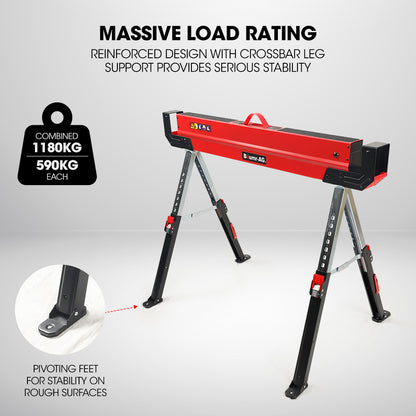 Heavy-Duty Adjustable Steel Sawhorses with 1180kg Capacity and 2x4 Support