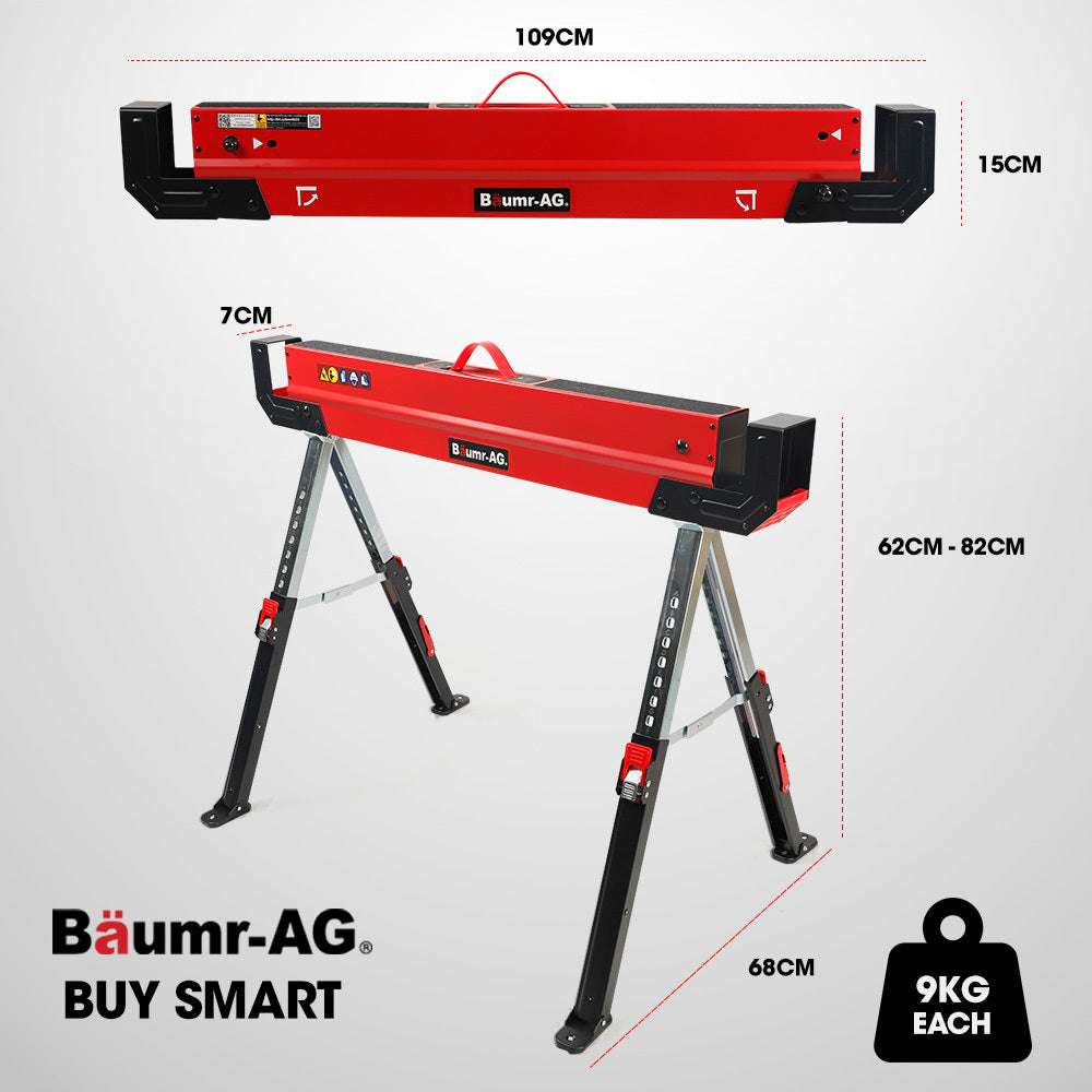 Heavy-Duty Adjustable Steel Sawhorses with 1180kg Capacity and 2x4 Support