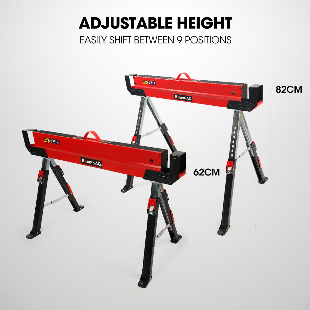 Heavy-Duty Adjustable Steel Sawhorses with 1180kg Capacity and 2x4 Support