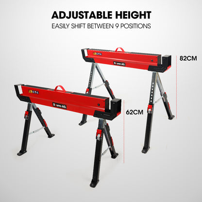 Heavy-Duty Adjustable Steel Sawhorses with 1180kg Capacity and 2x4 Support