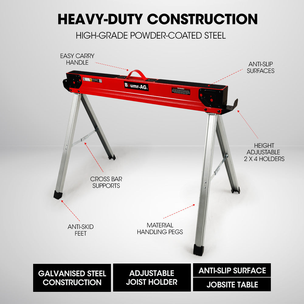 Heavy-Duty Steel Folding Sawhorses, 1000kg Capacity, Adjustable Support Arms