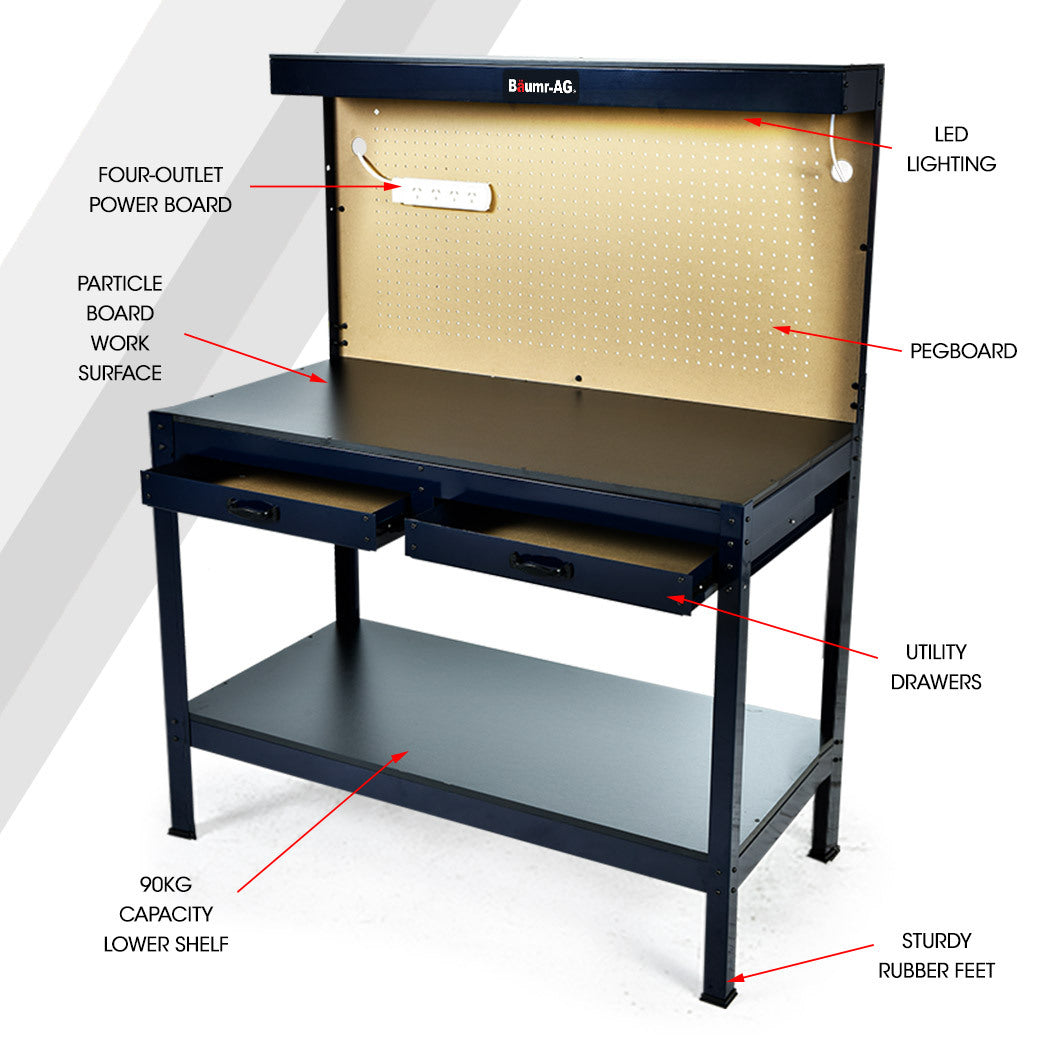 Steel Workbench with LED Light & Power Board - 250kg Capacity, 1.2m Wide
