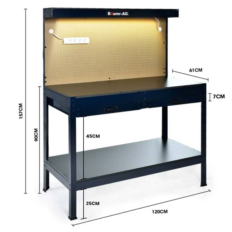 Steel Workbench with LED Light & Power Board - 250kg Capacity, 1.2m Wide