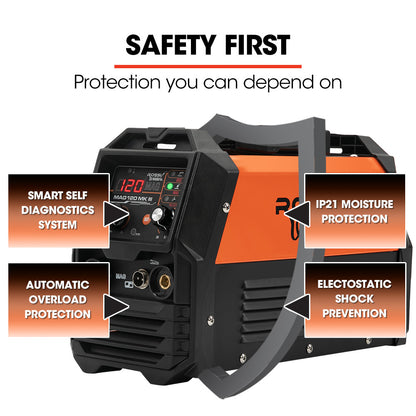 120A Portable Gasless Welder - 3in1 MMA ARC/MIG/Lift-TIG, 5kg, 0.5-12mm Welding