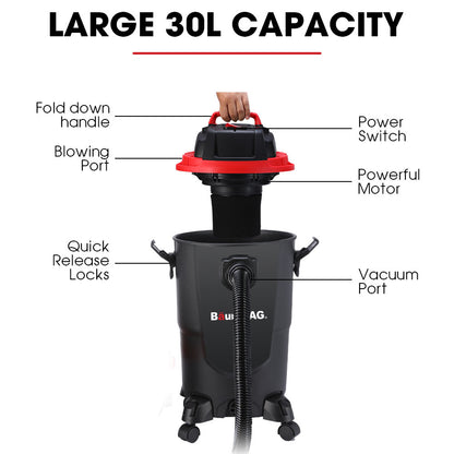 30L Wet & Dry Vacuum Cleaner with Blower, 1200W Motor, 5.5kg, Versatile Use