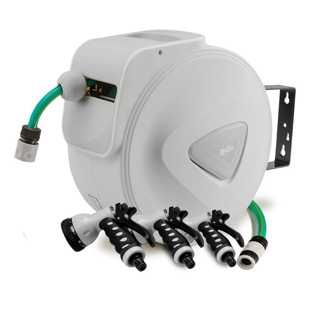 10m Retractable Garden Hose Reel with Auto Rewind and 9-Setting Spray Gun