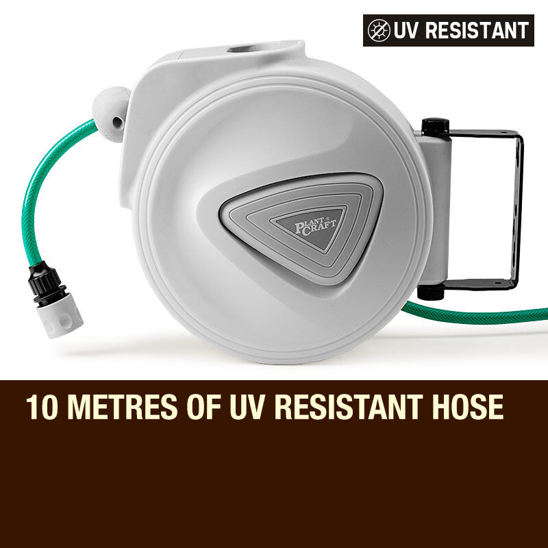 10m Retractable Garden Hose Reel with Auto Rewind and 9-Setting Spray Gun