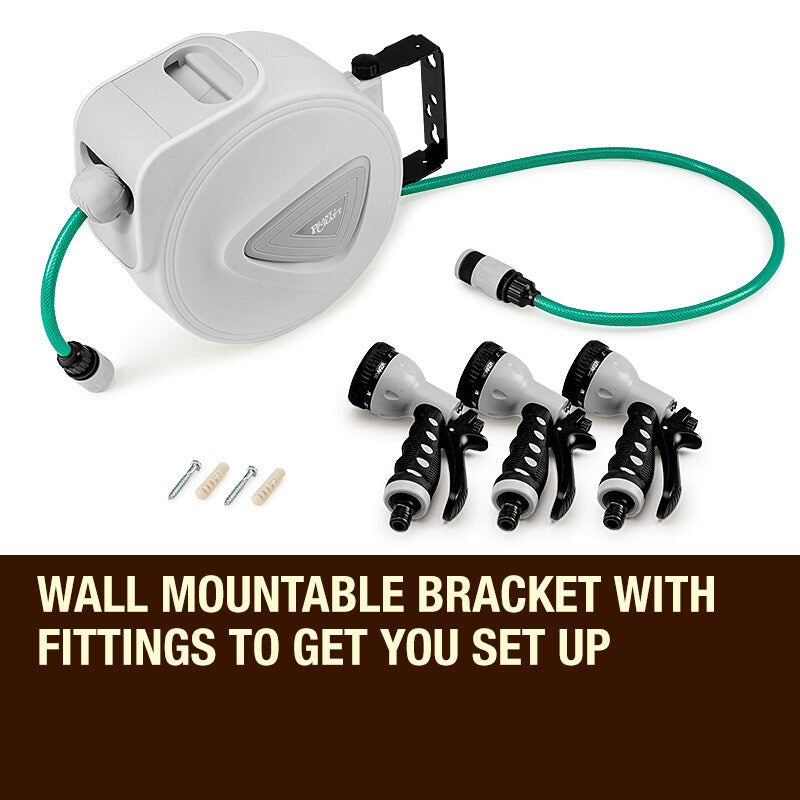10m Retractable Garden Hose Reel with Auto Rewind and 9-Setting Spray Gun