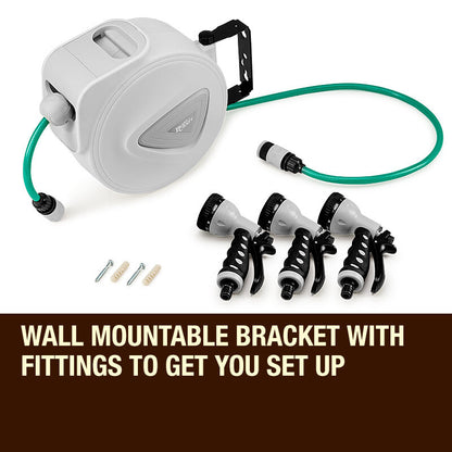10m Retractable Garden Hose Reel with Auto Rewind and 9-Setting Spray Gun