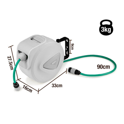 10m Retractable Garden Hose Reel with Auto Rewind and 9-Setting Spray Gun