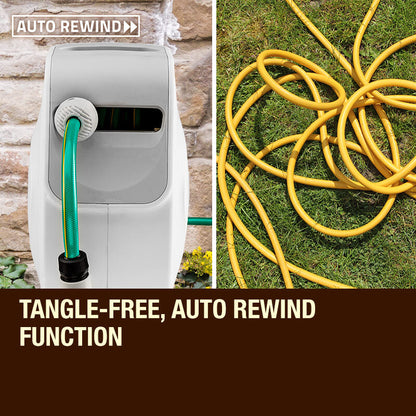 20m Retractable Garden Hose Reel with Spray Gun and Auto Rewind System