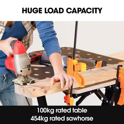 2-in-1 Adjustable Workbench & Sawhorse, Supports 100kg/454kg, Expandable