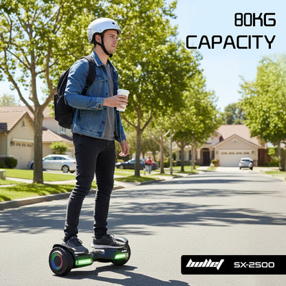 SX-2500 Hoverboard Scooter, 500W Brushless, UL Certified, AU Compliant, 6.5-inch Off-Road Style Tyres, Superior Self Balancing System, LED Lights, Black