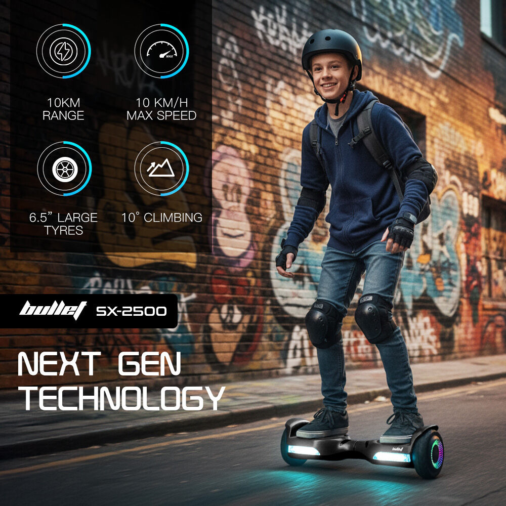 SX-2500 Hoverboard Scooter, 500W Brushless, UL Certified, AU Compliant, 6.5-inch Off-Road Style Tyres, Superior Self Balancing System, LED Lights, Black