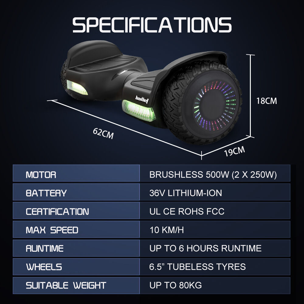 SX-2500 Hoverboard Scooter, 500W Brushless, UL Certified, AU Compliant, 6.5-inch Off-Road Style Tyres, Superior Self Balancing System, LED Lights, Black