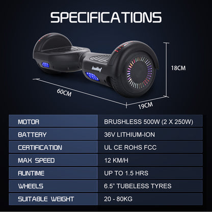 SX-2000 Hoverboard Scooter, 500W Motors, Self-Balancing, LED Lights, Black