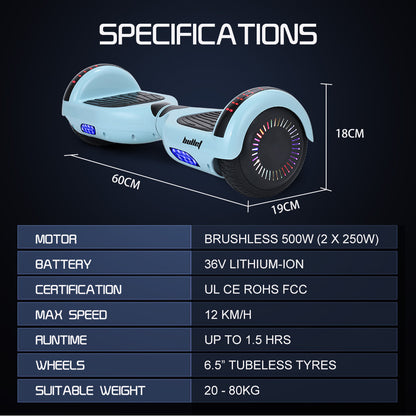 SX-2000 Hoverboard: 500W, Self-Balancing, LED Lights, 6.5m Wheels, 12 km/h