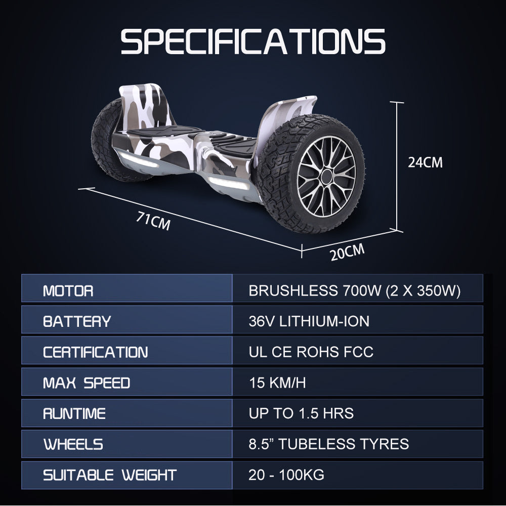 SX-4000 Hoverboard with 0.22m Wheels, 700W Motors, LED Lights, Camo Design