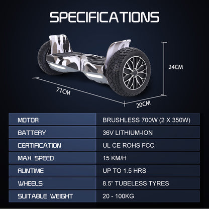 SX-4000 Hoverboard with 0.22m Wheels, 700W Motors, LED Lights, Camo Design