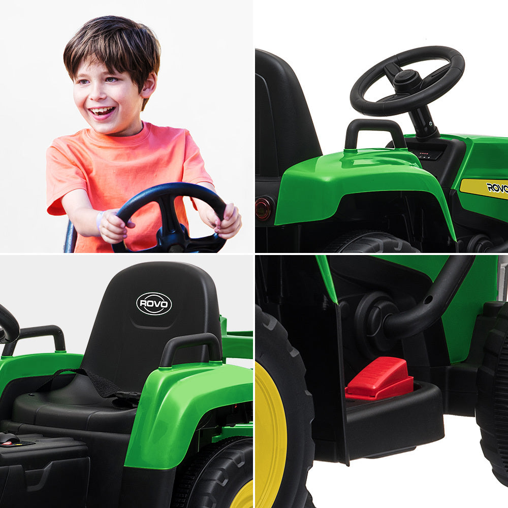 Electric Ride-On Tractor with Trailer, Remote Control, Stereo, Green/Yellow