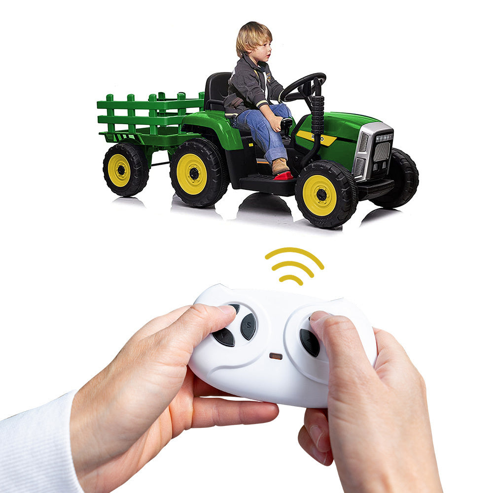 Electric Ride-On Tractor with Trailer, Remote Control, Stereo, Green/Yellow