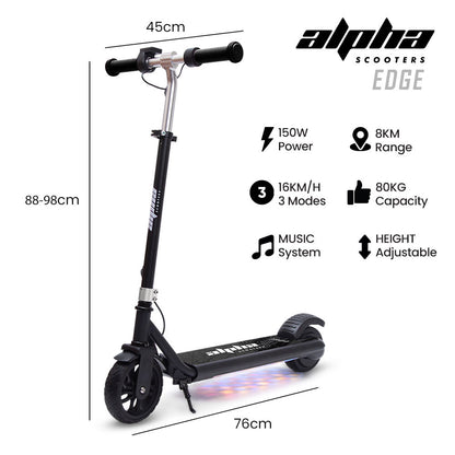Edge Electric Scooter Kids/Teens, 16km/h Max, Adjustable Height, UL Certified, AU Compliant, Dual Brakes, Bluetooth Music, LED, Black