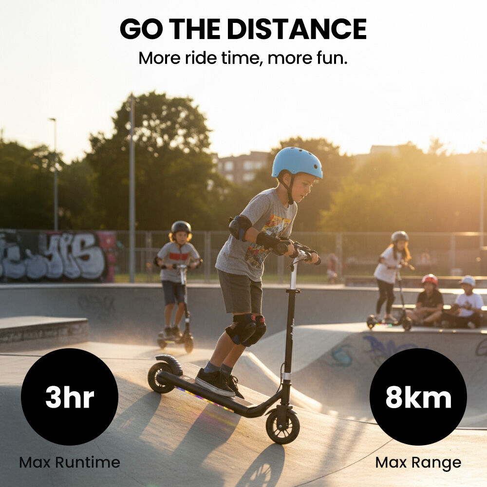 Edge Electric Scooter Kids/Teens, 16km/h Max, Adjustable Height, UL Certified, AU Compliant, Dual Brakes, Bluetooth Music, LED, Black