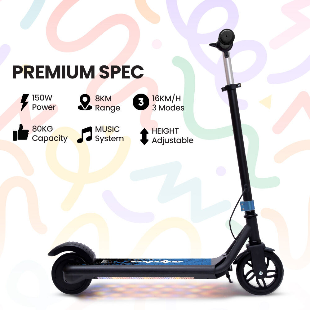 Edge Electric Scooter Kids/Teens, 16km/h Max, Adjustable Height, UL Certified, AU Compliant, Dual Brakes, Bluetooth Music, LED, Blue