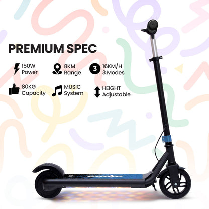 Edge Electric Scooter Kids/Teens, 16km/h Max, Adjustable Height, UL Certified, AU Compliant, Dual Brakes, Bluetooth Music, LED, Blue