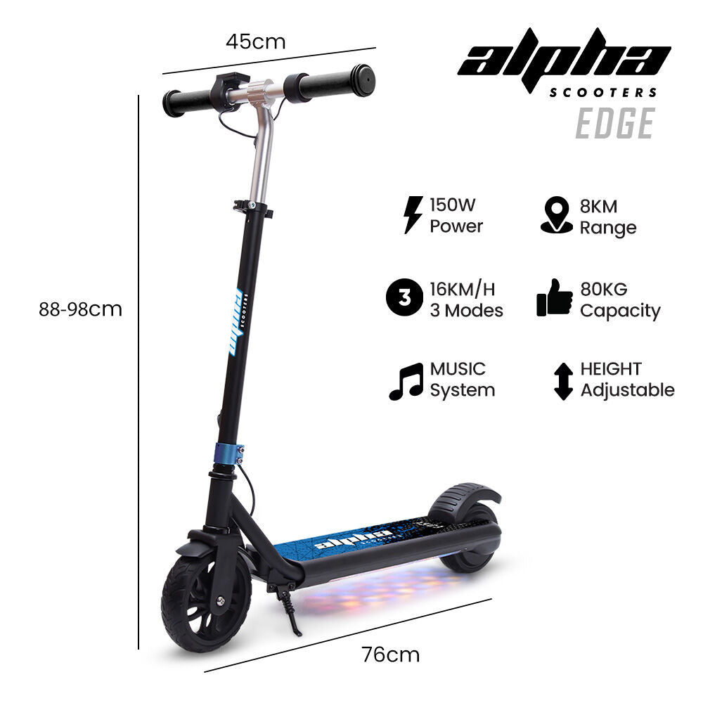 Edge Electric Scooter Kids/Teens, 16km/h Max, Adjustable Height, UL Certified, AU Compliant, Dual Brakes, Bluetooth Music, LED, Blue