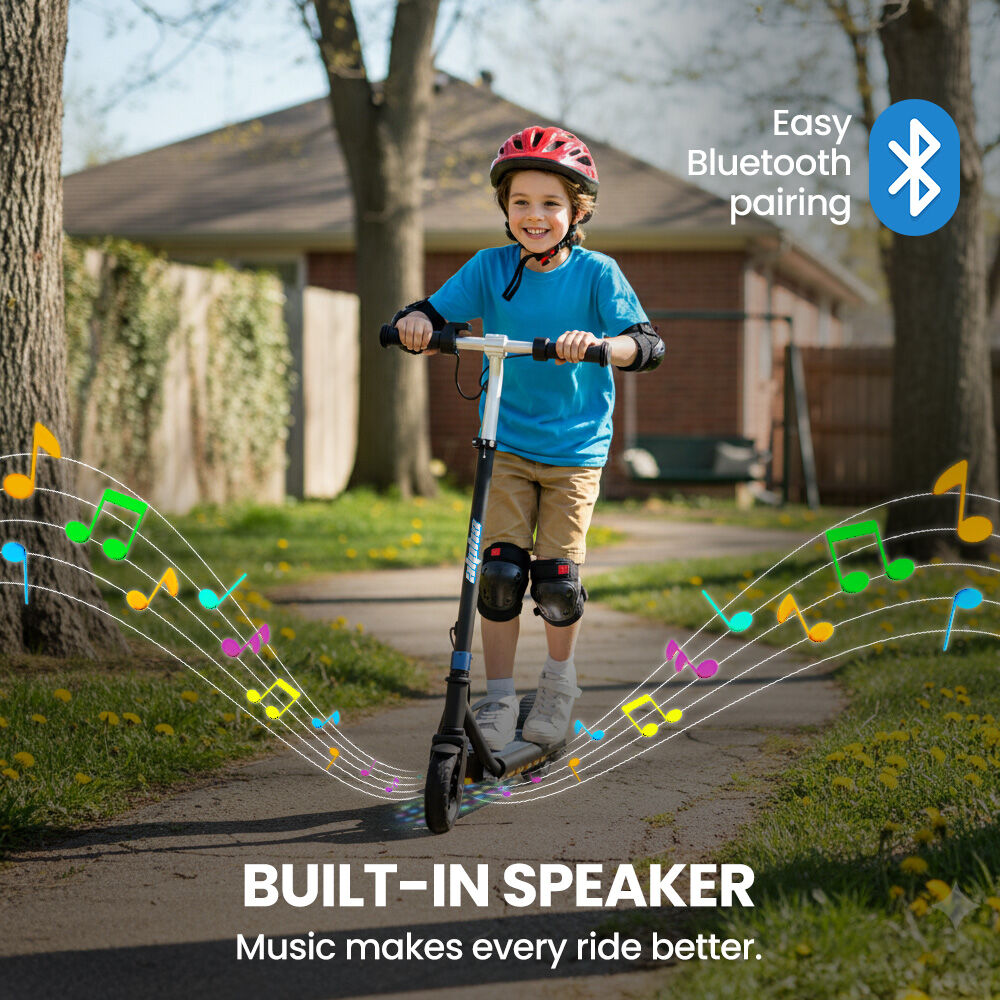 Edge Electric Scooter Kids/Teens, 16km/h Max, Adjustable Height, UL Certified, AU Compliant, Dual Brakes, Bluetooth Music, LED, Blue