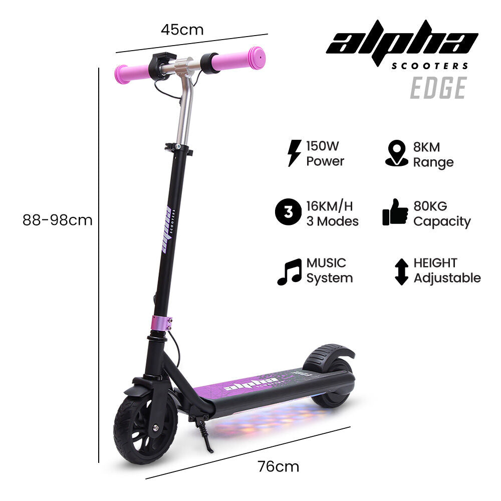 Edge Electric Scooter Kids/Teens, 16km/h Max, Adjustable Height, UL Certified, AU Compliant, Dual Brakes, Bluetooth Music, LED, Pink