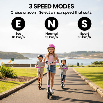 Edge Electric Scooter Kids/Teens, 16km/h Max, Adjustable Height, UL Certified, AU Compliant, Dual Brakes, Bluetooth Music, LED, Pink