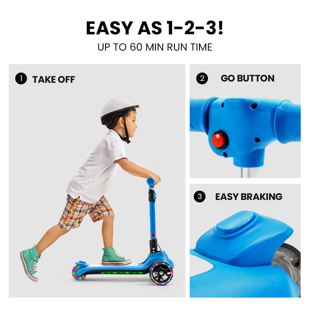 3-Wheel Electric Scooter for Kids, Adjustable, Foldable, Flashing Lights, Blue