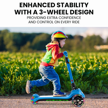 3-Wheel Electric Scooter for Kids, Adjustable, Foldable, Flashing Lights, Blue
