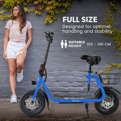 Electric Scooter with Seat, Disc Brakes, 12m Tyres, 25 km/h Speed, Blue