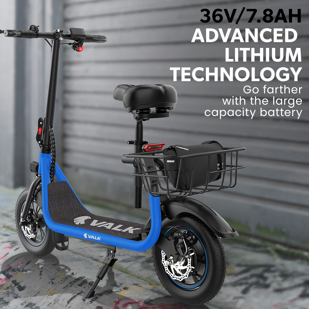 Electric Scooter with Seat, Disc Brakes, 12m Tyres, 25 km/h Speed, Blue