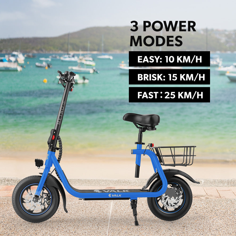 Electric Scooter with Seat, Disc Brakes, 12m Tyres, 25 km/h Speed, Blue