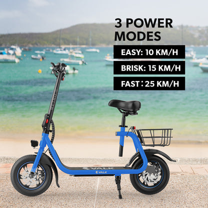 Electric Scooter with Seat, Disc Brakes, 12m Tyres, 25 km/h Speed, Blue