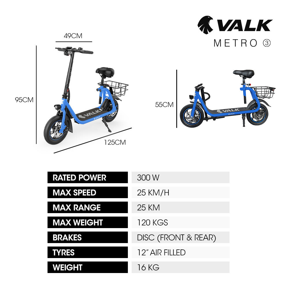 Electric Scooter with Seat, Disc Brakes, 12m Tyres, 25 km/h Speed, Blue