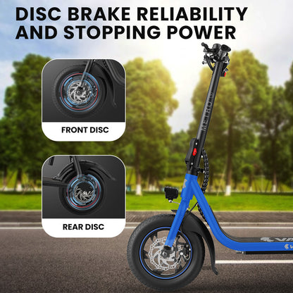 Electric Scooter with Seat, Disc Brakes, 12m Tyres, 25 km/h Speed, Blue